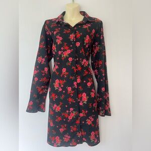 ASOS Women Floral Shirt Dress Size 12 Black with Red and Pink Flowers A-Style